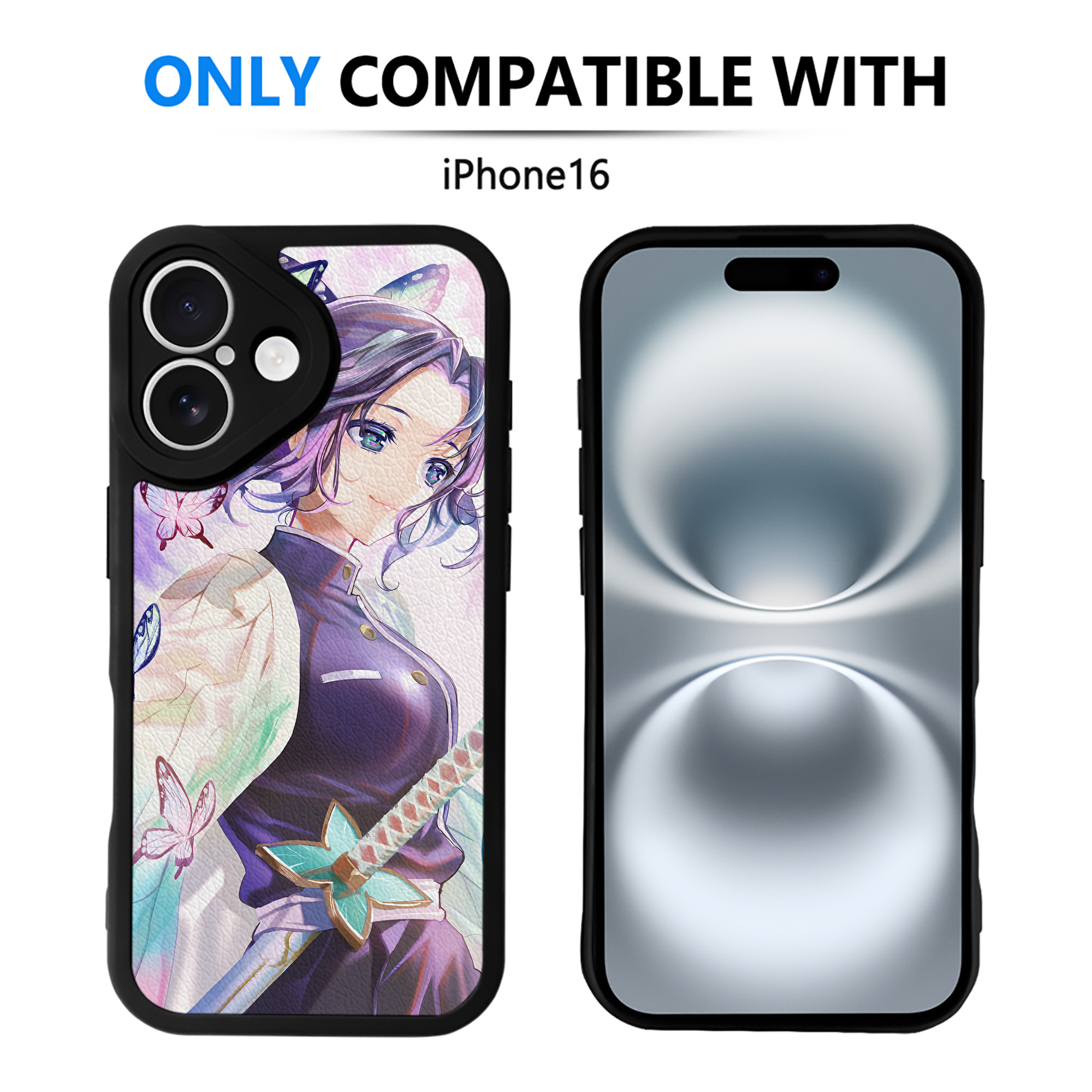 （画像用） 鬼滅の刃（きめつのやいば）蟲柱-胡蝶 しのぶ／こちょう しのぶ Kochou Shinobu 【iPhone 16シリーズ対応】シリコンスマホケース（レザー調） 材質：シリコン